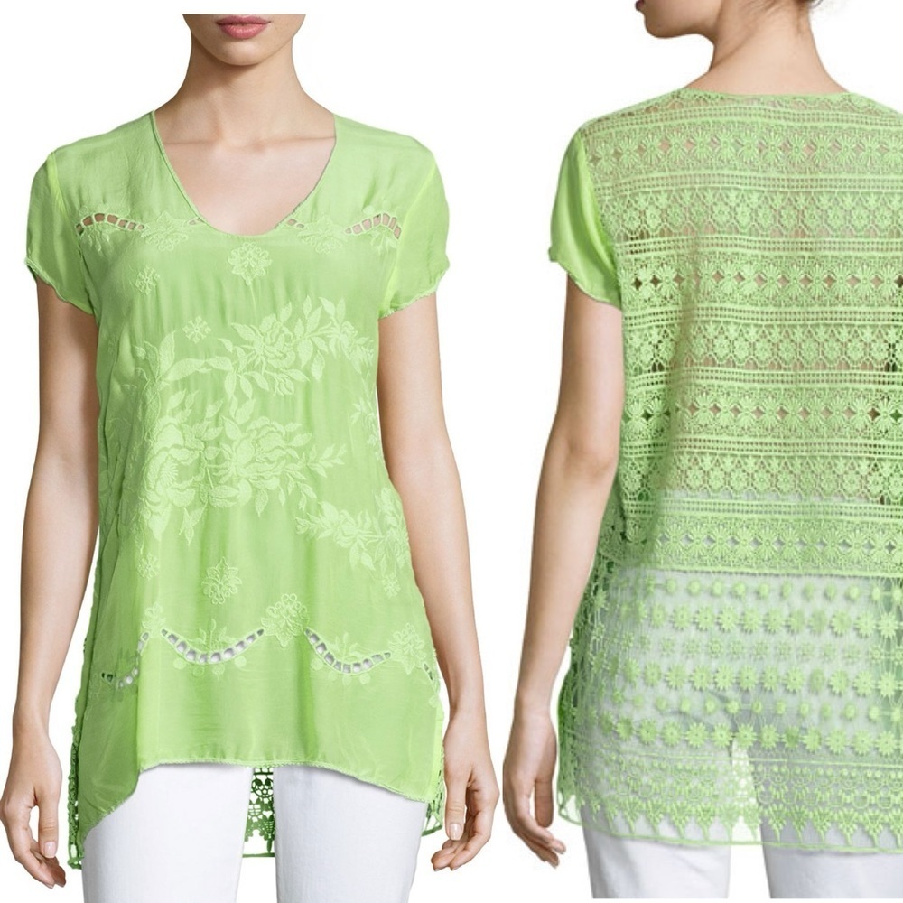 Johnny Was Harva Crochet Back Top Lime green yellow cupro S